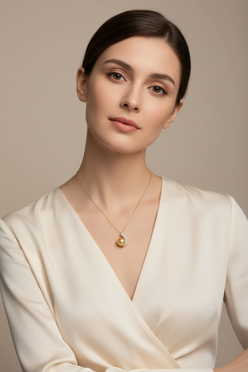Feather pendant necklace with a 12–13mm Golden South Sea pearl on a 14K gold chain