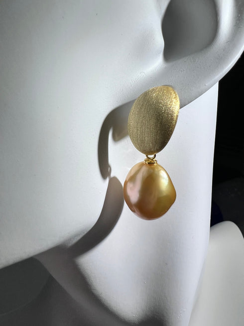12-13mm Golden South Sea Baroque Pearl Brushed Gold Oval Drop Earrings