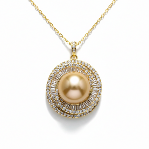 12-13mm Golden South Sea pearl crystal halo pendant necklace on gold-tone chain by House of Pearls MZ.