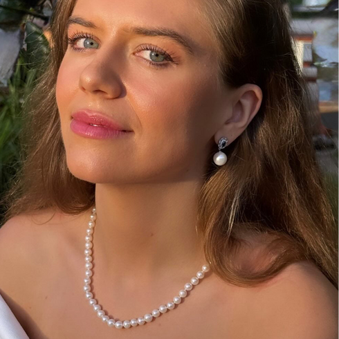 Pair of earrings: 11–12mm freshwater pearl and blue gem drop earrings, House Of Pearls - JT