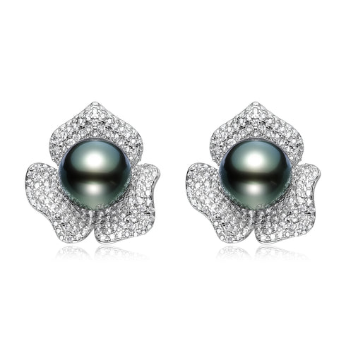 Tahitian Pearl Rose Stud Earrings by House Of Pearls, 10–11mm with diamond pave petals, pair
