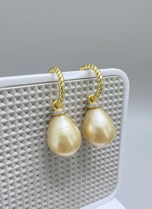 11-12mm Golden South Sea Baroque Pearl Twisted Hoop