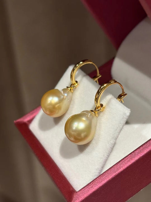 13-14mm Golden South Sea Baroque Pearl Hoop Earrings