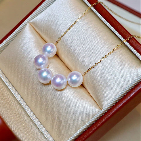 Akoya pearl Y-necklace with lavender-white 5-6mm pearls on 18K gold chain by House Of Pearls -LC in a satin jewelry box