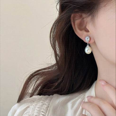 9-11mm Baroque Freshwater Pearl Drop Sparkling Cubic Zirconia Earrings - Earrings made with hand-selected pearls from House of Pearls