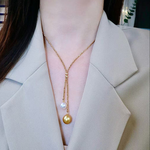 11-12mm Golden South Sea & Tahitian Pearl Y-Necklace in 18K Gold, House of Pearls TA