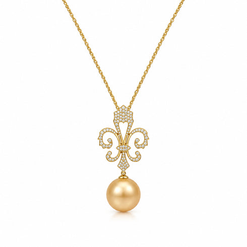 Necklace with 18K gold fleur-de-lis pendant encrusted with pavé diamonds and a golden South Sea pearl drop