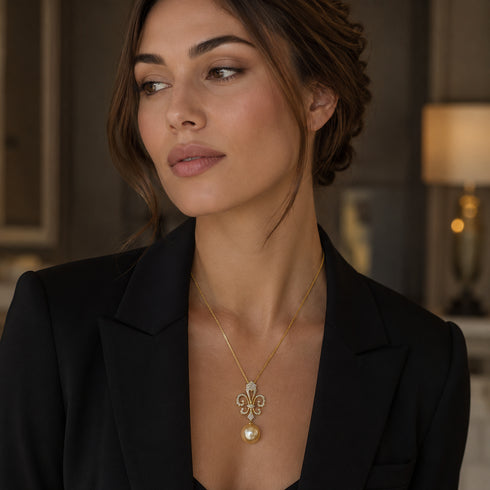 Necklace AAAA Golden South Sea Pearl fleur-de-lis pendant on 18K gold chain with lab diamonds