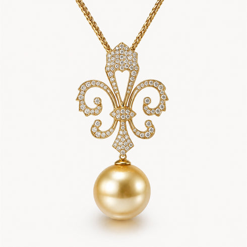 AAAA Golden South Sea Pearl Fleur-de-Lis Pendant Necklace - 18K gold with pavé diamonds and a drop pearl