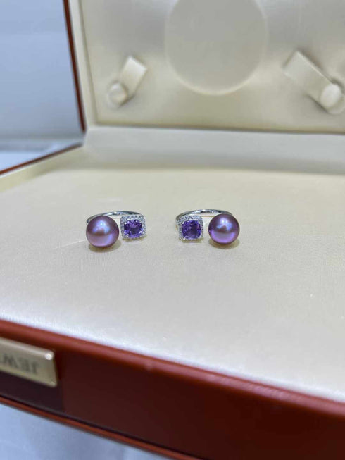 Aurora Iridescent Purple Pearl Ring with Large Amethyst Crystal - House Of Pearls