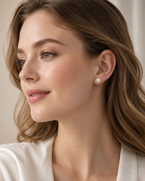 Akoya pearl stud earrings in 18K gold, 6.5–7mm pearls, sleek classic jewelry