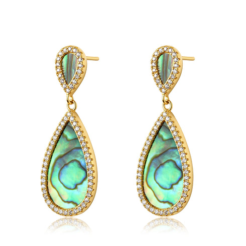 Gold-tone teardrop earrings pair with iridescent abalone shell centers surrounded by clear crystals, House Of Pearls - LXP