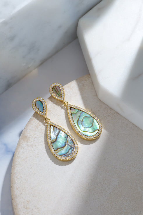 Abalone shell teardrop jewelry set in gold-tone with pavé diamond borders