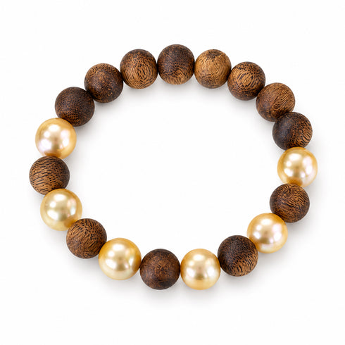 Agarwood & Golden South Sea Pearl Stretch Bracelet with dark wood beads and golden pearls