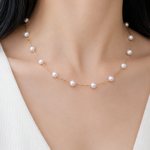 Akoya Pearl Constellations Necklace, 18K Gold, 7.5–8.0mm Japanese Akoya pearls