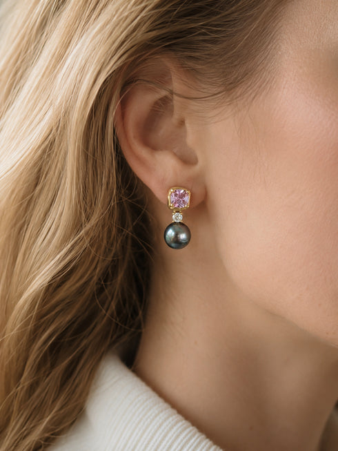 Earrings: 9–10mm pink amethyst Tahitian baroque pearl drop in gold vermeil with diamond accent