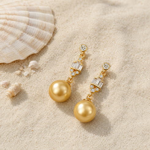 10–11mm Golden South Sea Pearl Art Deco Drop Earrings, gold-tone with crystal accents (pair)