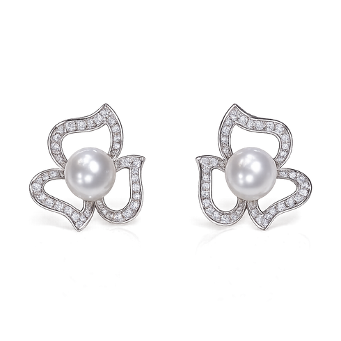 Aurora White Freshwater Pearl Floral Stud Earrings, silver-tone setting with pavé crystal petals, pair for pierced ears