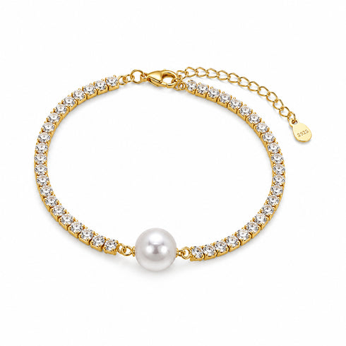Aurora White Freshwater Pearl Tennis Bracelet in gold-tone with pavé crystals and a single freshwater pearl centerpiece