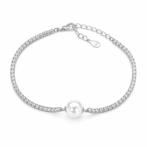 Bracelet Aurora White Freshwater Pearl Tennis Bracelet by House of Pearls SY, silver-tone with a central white pearl