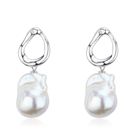 10-12mm Silver Hoop Bold Baroque Pearl Earrings