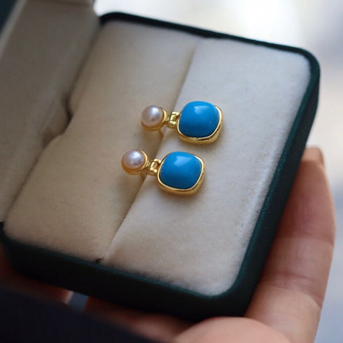 Blue Turquoise and Freshwater Pearl Drop Earrings - House Of Pearls