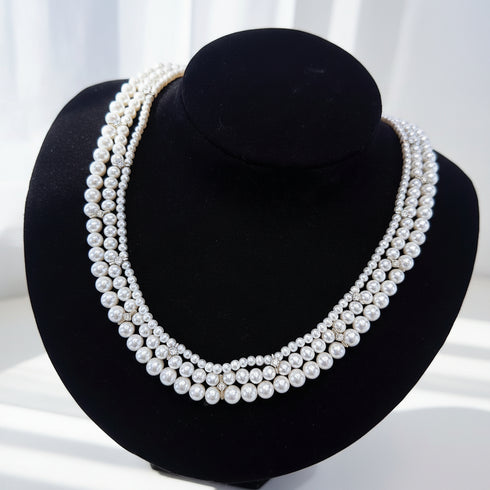 Triple Strand Freshwater Pearl Cubic Zirconia Necklace
