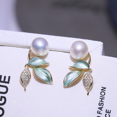 8-9mm Green Leaf Pearl Earrings - House Of Pearls