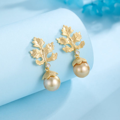 10-11mm Golden South Sea Baroque Pearl & Maple Leaf Earrings - House Of Pearls