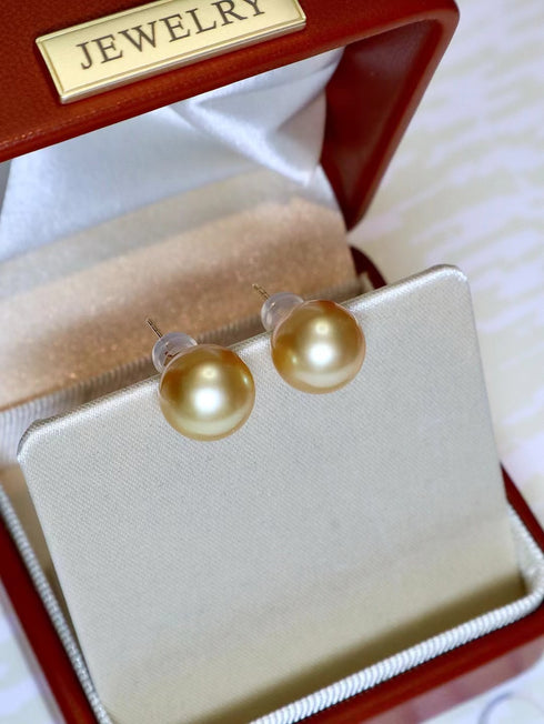 10-11mm Golden South Sea Pearl & Classic Stud Earrings 18K Gold