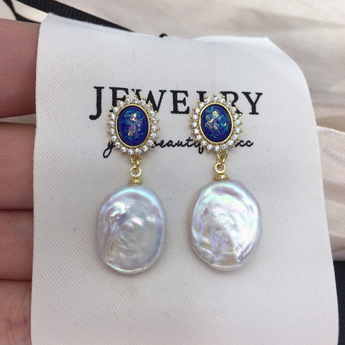 Coin Baroque Freshwater Pearl Drop Blue Opal Accent Earrings - Earrings made with hand-selected pearls from House of Pearls