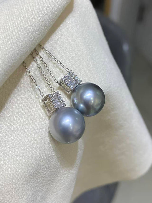 11-12mm Classic Icy Glow Tahitian Pearl Necklaces, two pieces with diamond spacers on silver chains