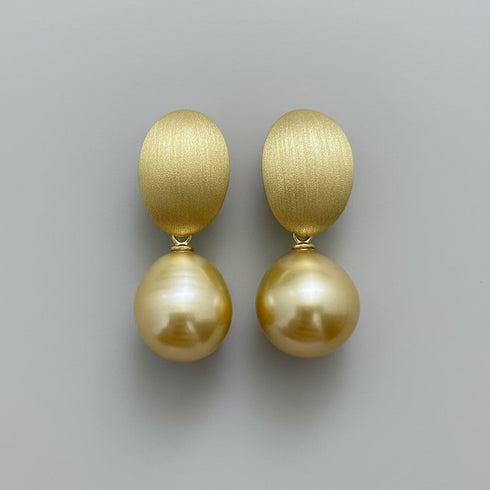 12-13mm Golden South Sea Baroque Pearl Brushed Gold Oval Drop Earrings