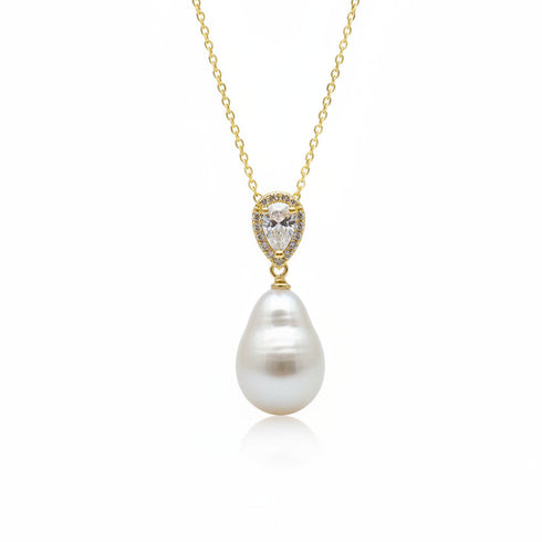 10-12 Baroque Pearl Zirconia Pendant Necklace on gold-tone chain with teardrop freshwater pearl