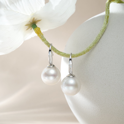 13–14mm Edison Pearl Baguette Hook Drop Earrings with silver-tone settings