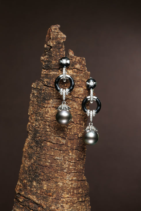 Earrings, Tahitian pearl drop with black enamel hoops and diamond accents, House Of Pearls