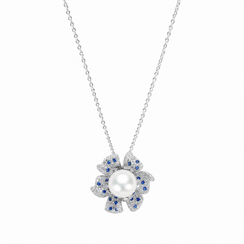 Flower pendant necklace by House of Pearls-JT, freshwater pearl center with blue CZ stones