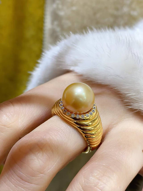 South Sea Golden Pearl Thread Ring with 10–11mm pearl and diamond-accented twisted gold bands