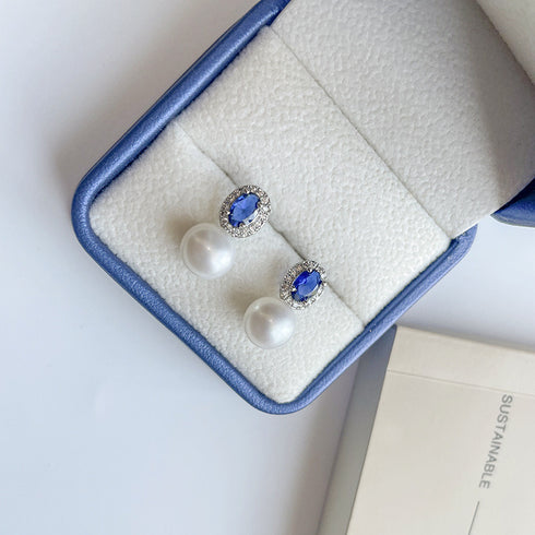 7-8mm Blue Crystal CZ Pearl Earrings - House Of Pearls