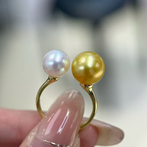 Golden South Sea & Akoya Pearl Double Pearl Open Ring on a gold band