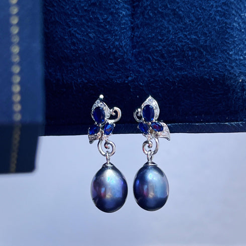 Peacock Black Teardrop Freshwater Pearl Butterfly Earrings