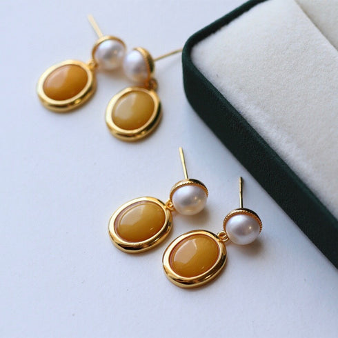 Natural Amber and Pearl Drop Earrings - House Of Pearls