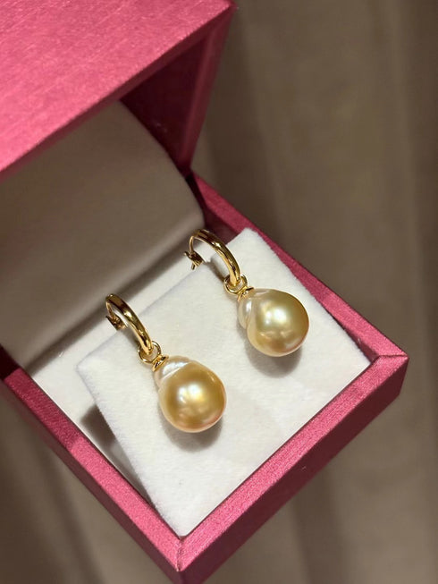 13-14mm Golden South Sea Baroque Pearl Hoop Earrings