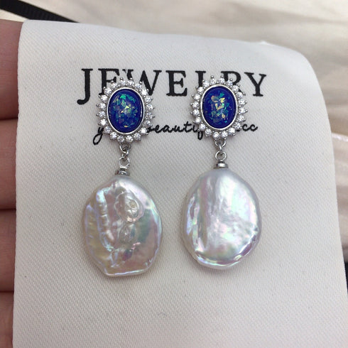 Coin Baroque Freshwater Pearl Drop Blue Opal Accent Earrings - Earrings made with hand-selected pearls from House of Pearls