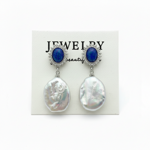 Coin Baroque Freshwater Pearl Drop Blue Opal Accent Earrings - Earrings made with hand-selected pearls from House of Pearls