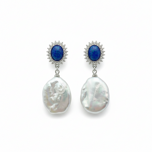 House of Pearls SY pair of earrings: blue opal cabochon studs with pave halo and baroque freshwater pearl drops