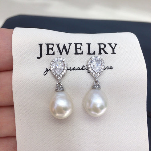 9-11mm Baroque Freshwater Pearl Drop Sparkling Cubic Zirconia Earrings - Earrings made with hand-selected pearls from House of Pearls