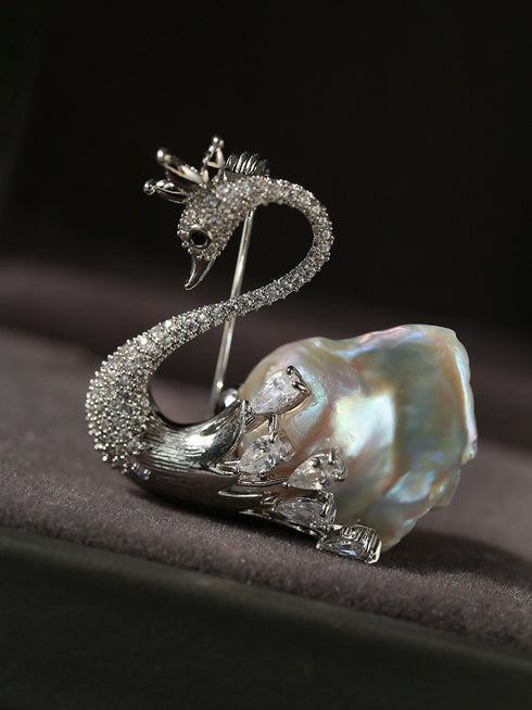 Baroque Pearl and Zirconia Swan Brooch - House Of Pearls
