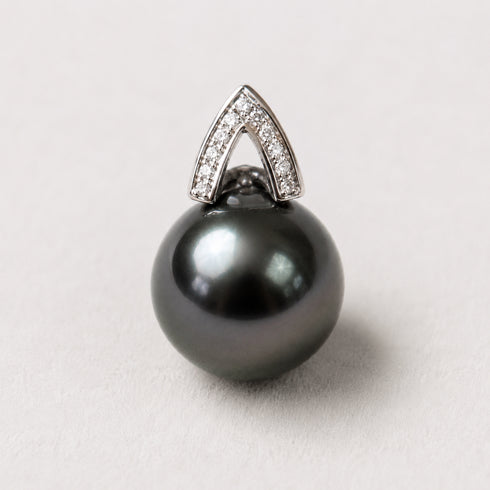 Tahitian South Sea Pearl Apex Noir Stud Earrings, House Of Pearls - XM, diamond-paved chevron setting.