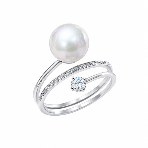 Ring featuring an 8-9mm Akoya pearl and pavé diamond band in silver, House Of Pearls
